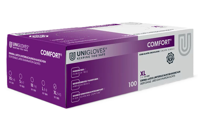 Unigloves puderfreie Latex-Untersuchungshandschuhe Comfort Gr. XL - 100 Stück